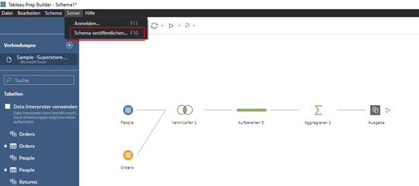 Tableau Prep – Ein Schema auf den Server hochladen