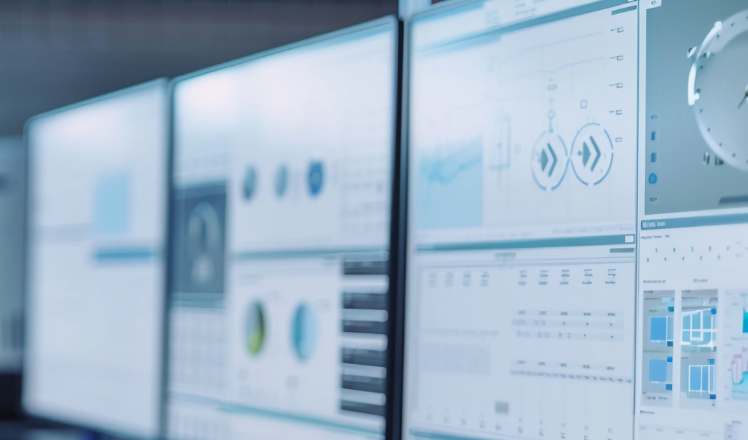 Mehrere Computerbildschirme mit Grafiken und Diagrammen zur Datenanalyse in einem modernen Büro.