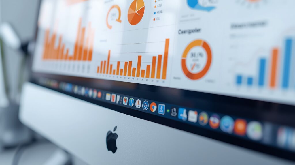 Grafik auf einem iMac-Bildschirm mit Diagrammen und Balkendiagrammen in Orange und Weiß.