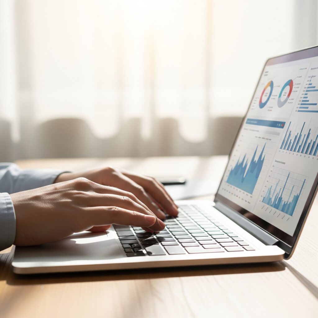 Eine Person tippt auf einem Laptop, während sie Grafiken und Diagramme auf dem Bildschirm analysiert.