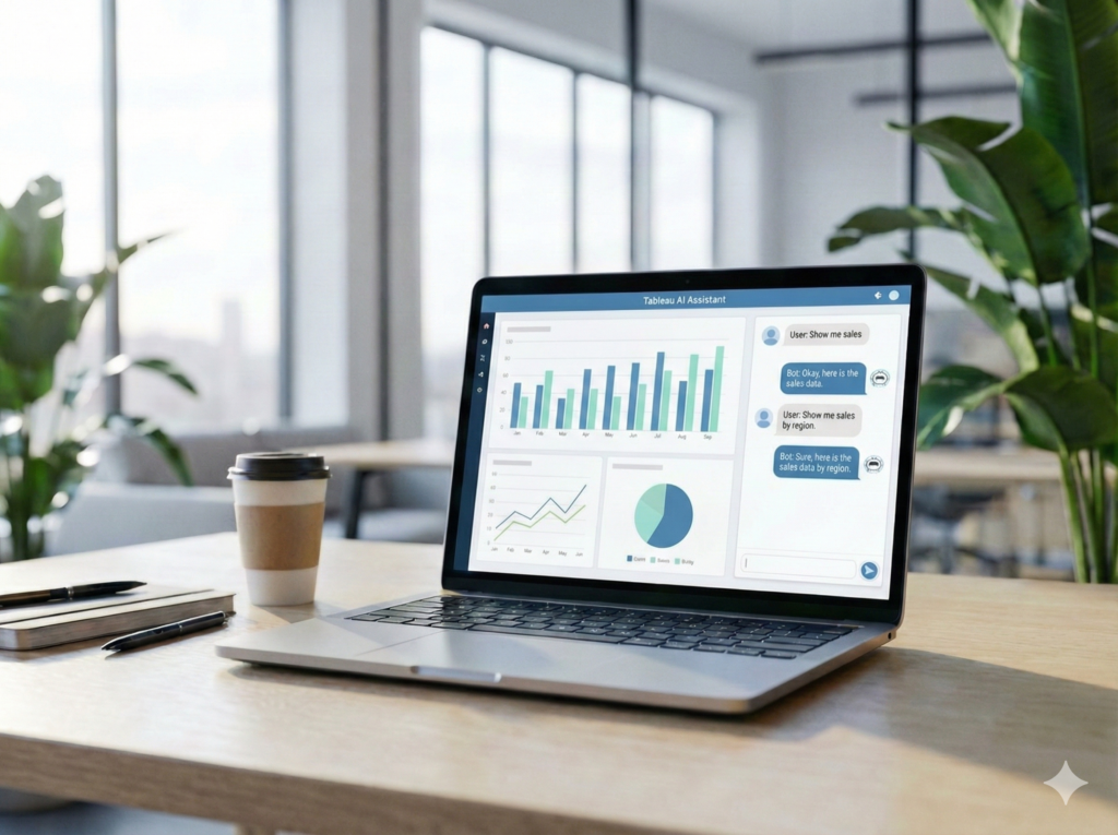 Laptop mit Datenanalysen und Chatfenster in modernem Büro, im Hintergrund Pflanzen und ein Kaffeebecher.