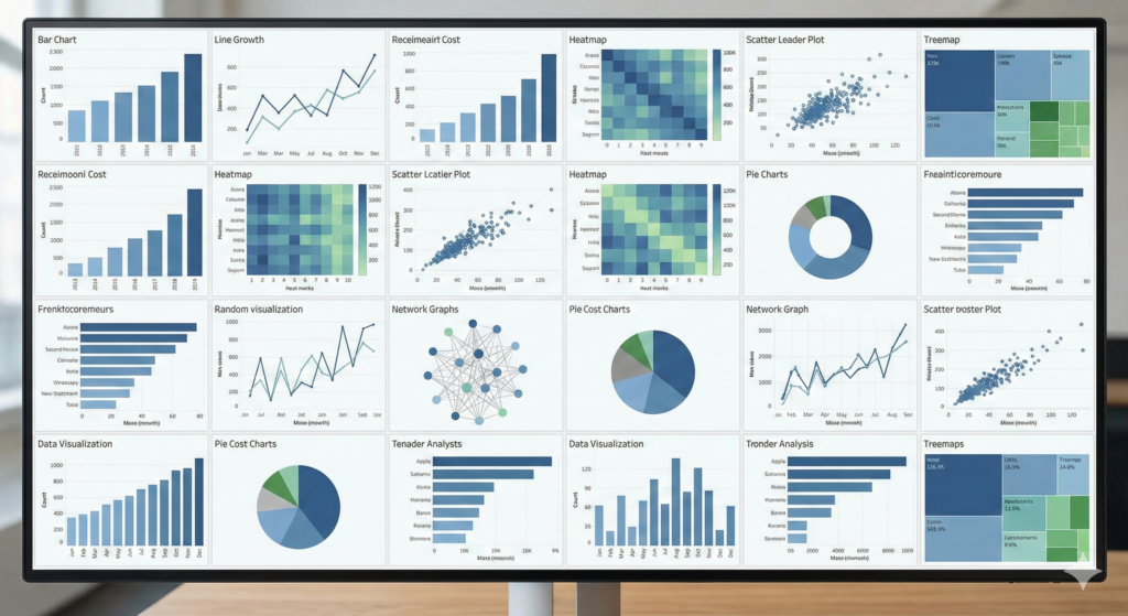 Ein Bildschirm zeigt verschiedene Datenvisualisierungen: Balkendiagramme, Heatmaps, Streudiagramme und Netzwerkanalysen.