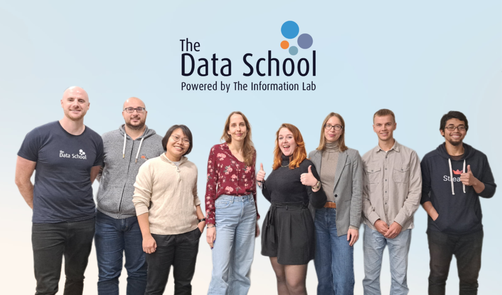 Eine Gruppe von sieben Personen steht vor einem hellblauen Hintergrund mit dem Logo der Data School.