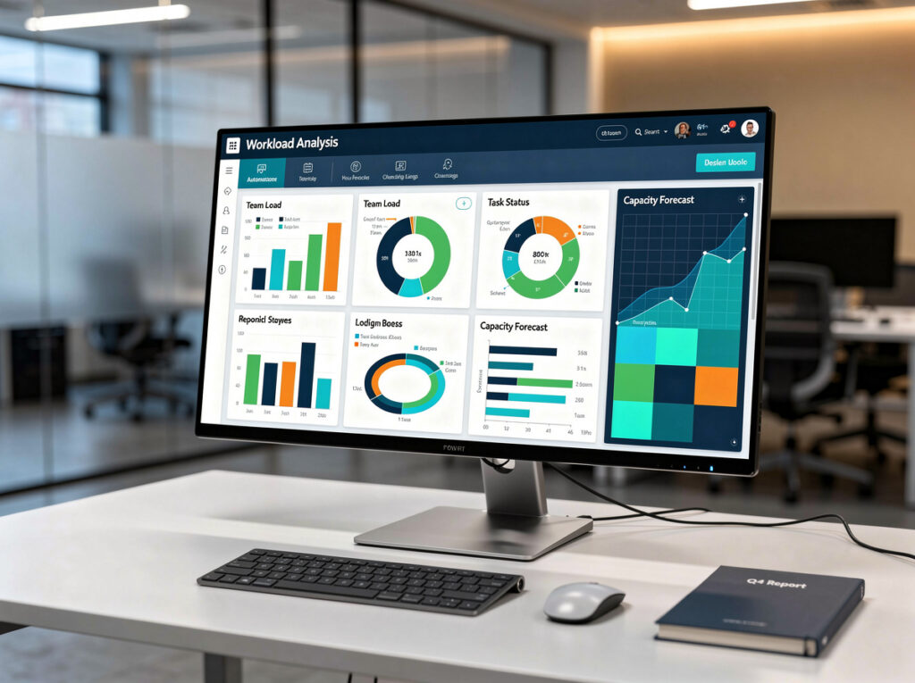 Ein moderner Monitor zeigt Datenanalysen zu Arbeitslast, Teamstatus und Kapazitätsprognosen in einem Büroumfeld.