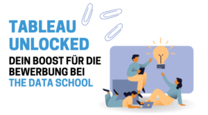 Illustration, die Personen zeigt, die an einem Tisch arbeiten, mit einem Licht, das Ideen symbolisiert, und dem Text "Tableau Unlocked".