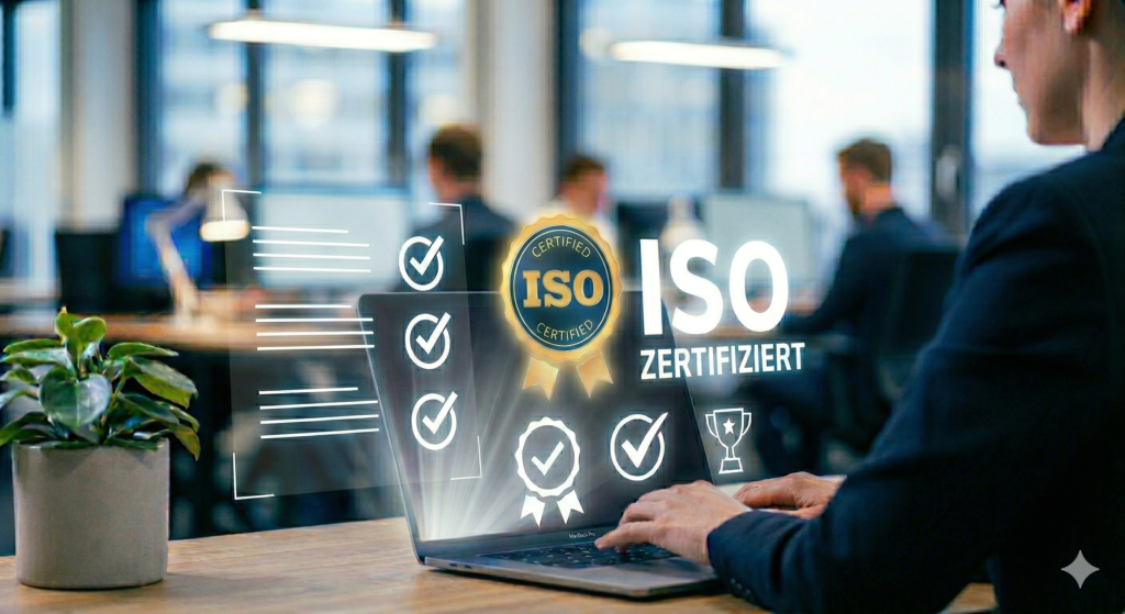 Mann am Laptop mit ISO-Zertifizierungsgrafiken und Dokumenten in einem modernen Büro.
