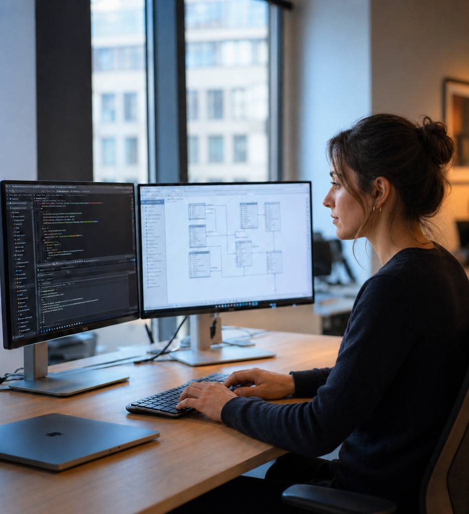Eine Frau arbeitet an einem Schreibtisch mit zwei Monitoren, auf denen Programmiercode und Diagramme angezeigt werden.