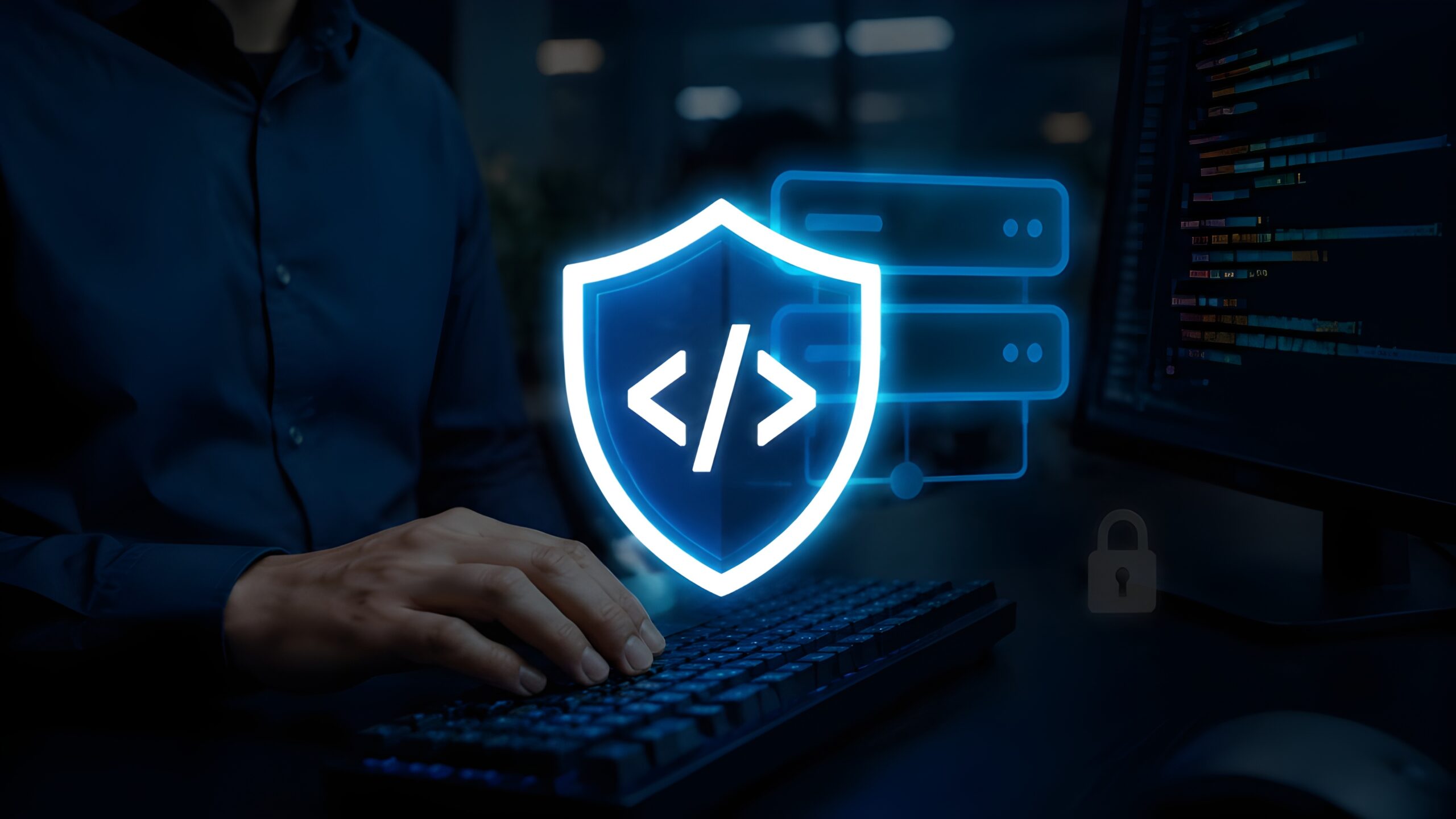 Ein Mann tippt an einer Tastatur, w&auml;hrend ein leuchtendes Schild mit Code-Symbolen und Server-Icons im Hintergrund sichtbar ist.