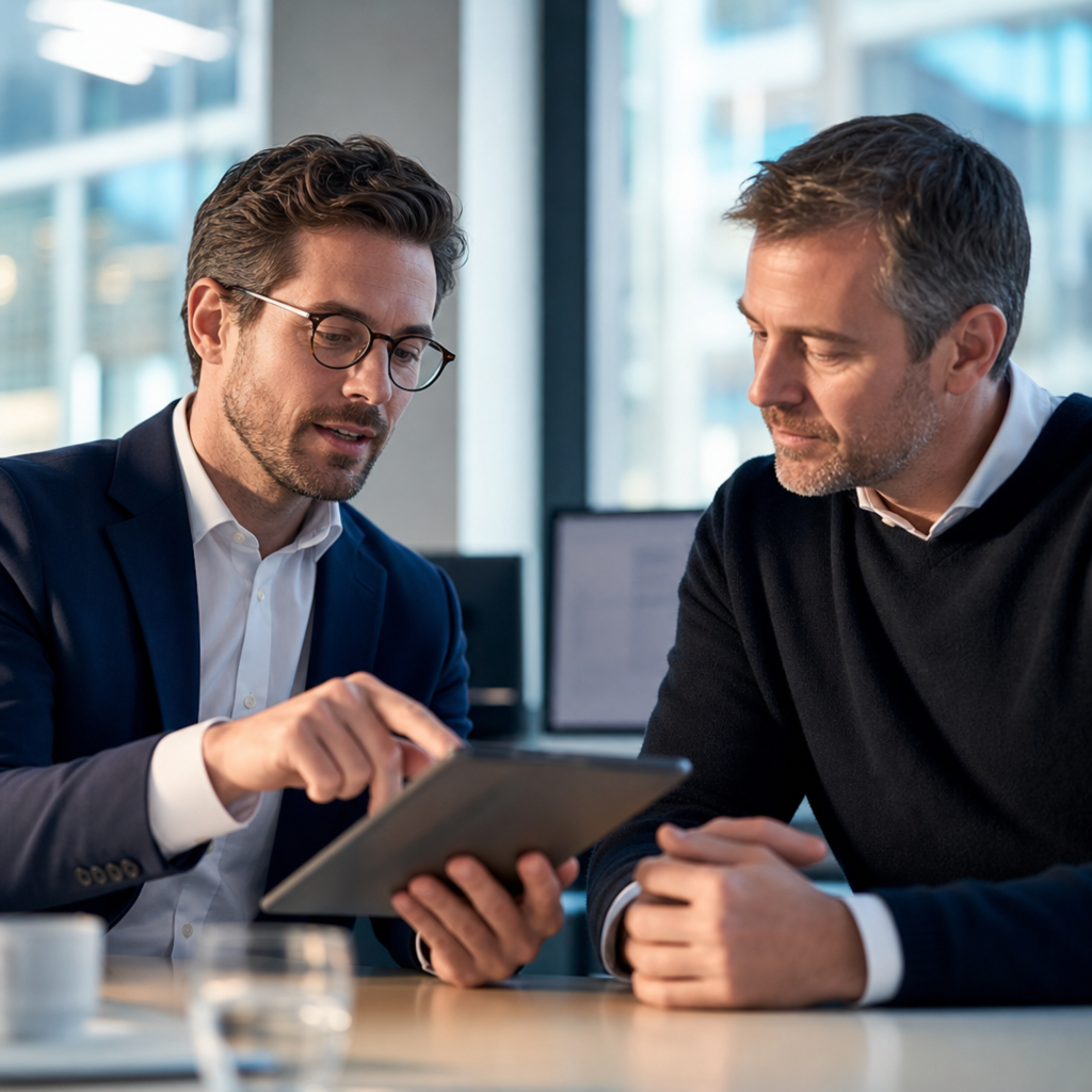 Zwei M&auml;nner in Anz&uuml;gen besprechen etwas auf einem Tablet in einem modernen B&uuml;ro mit gro&szlig;en Fenstern.