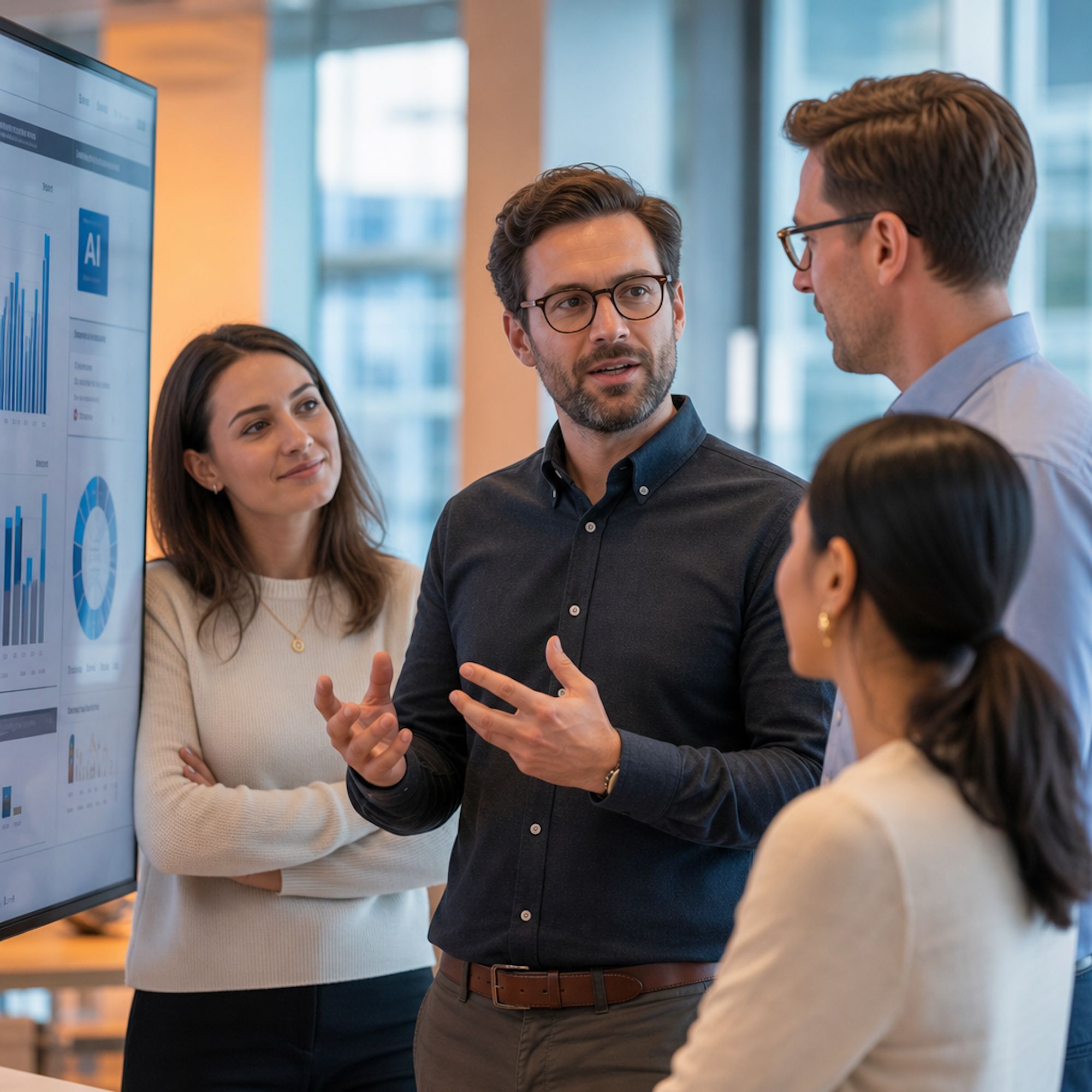 Eine Gruppe von vier Fachleuten diskutiert an einem Bildschirm mit Diagrammen und Grafiken in einem modernen B&uuml;ro.