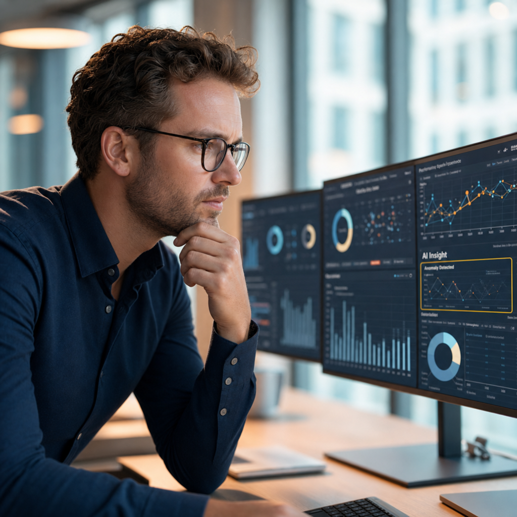 Ein nachdenklicher Mann in einem blauen Hemd, der vor mehreren Monitoren mit Datenanalysen sitzt.