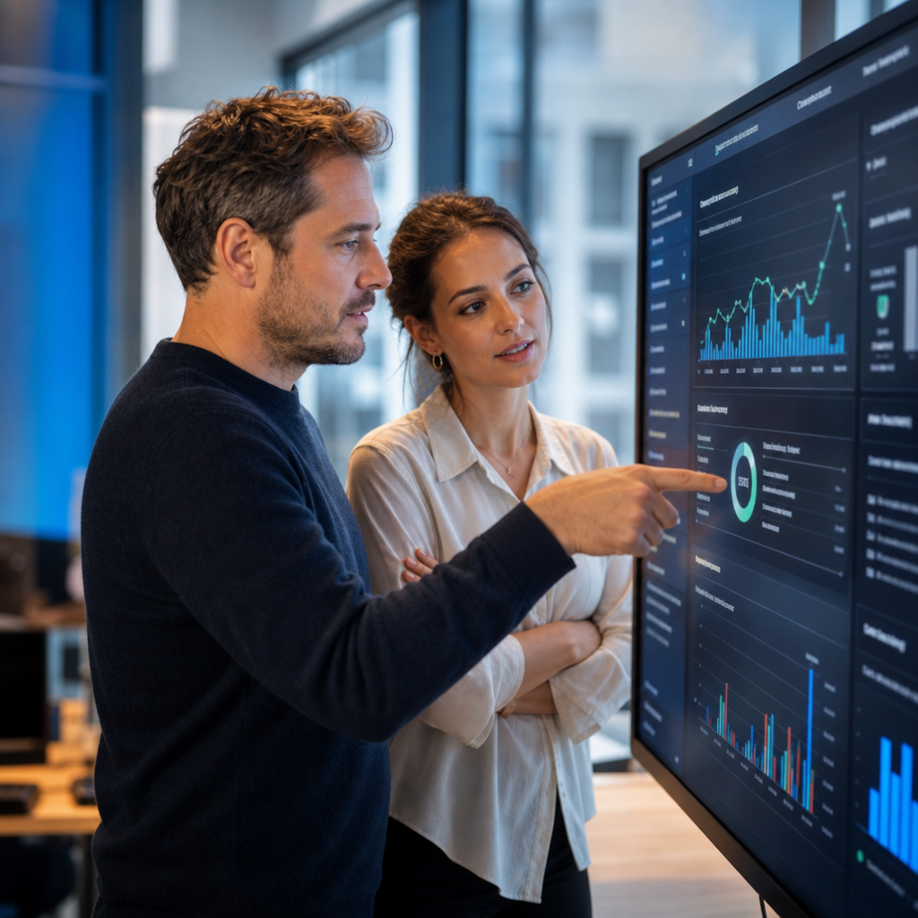 Zwei Personen betrachten gemeinsam eine digitale Pr&auml;sentation mit Grafiken und Statistiken in einem modernen B&uuml;ro.