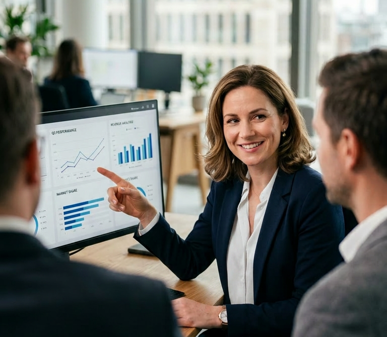 Eine Gesch&auml;ftsfrau pr&auml;sentiert Datenanalysen an einem Bildschirm w&auml;hrend eines Meetings.