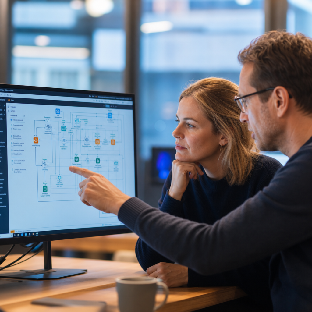 Zwei Personen betrachten konzentriert ein Diagramm auf einem Computerbildschirm in einem modernen B&uuml;ro.