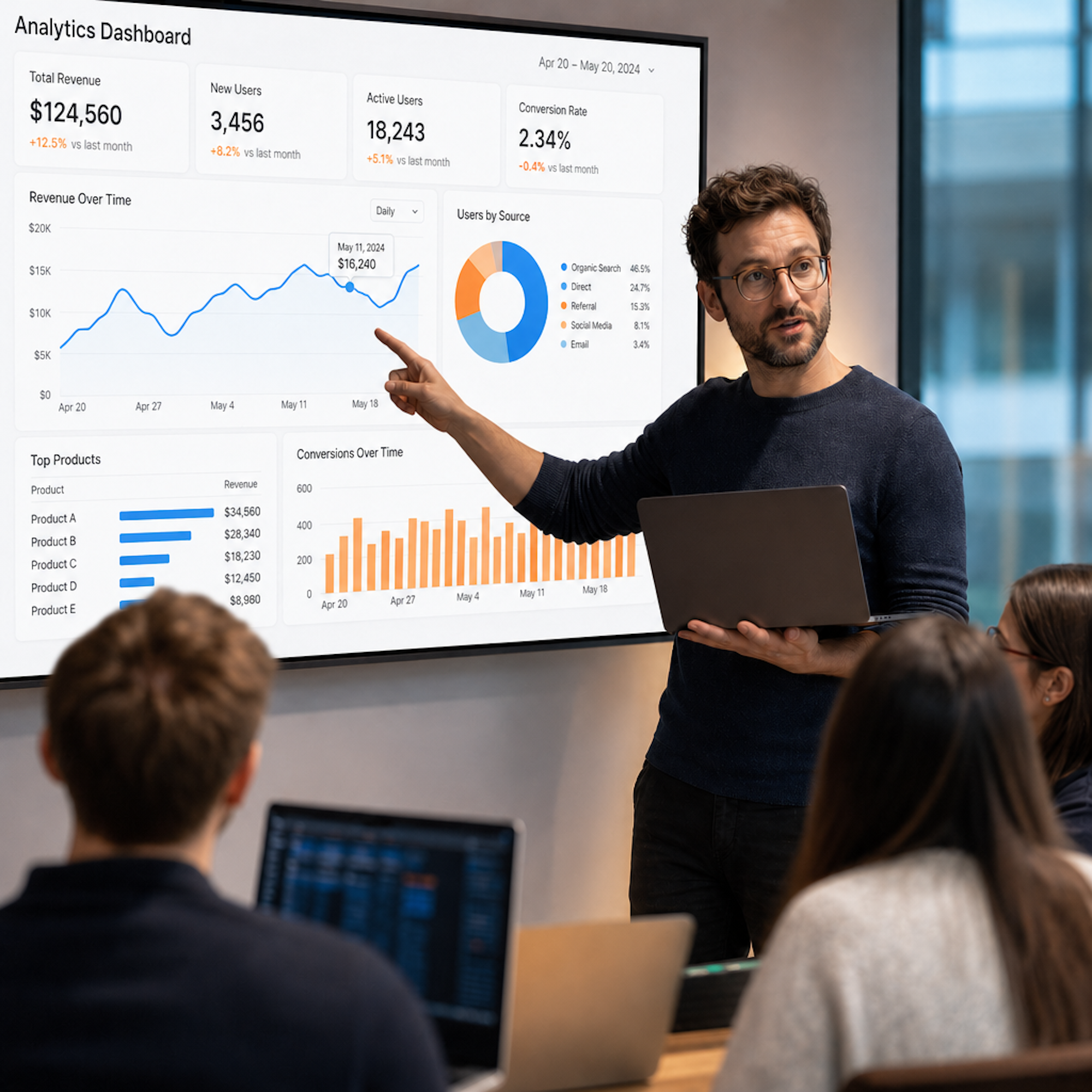Ein Mann pr&auml;sentiert ein Analytics-Dashboard mit Diagrammen und Statistiken in einem Konferenzraum.