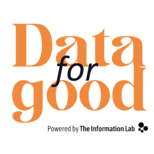 Text in kr&auml;ftigen, orangefarbenen und schwarzen Buchstaben: "Data for good" mit dem Logo von The Information Lab.