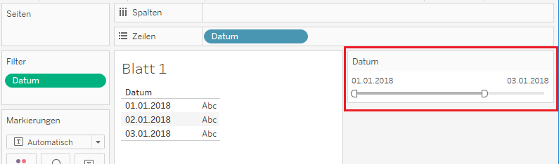Datumsfilter in Tableau ohne Aktualisierung