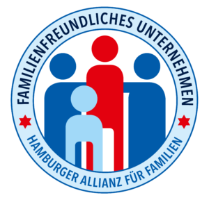 Ein Logo mit stilisierten Figuren in Blau und Rot, umgeben von einem Schriftzug &uuml;ber Familienfreundlichkeit.