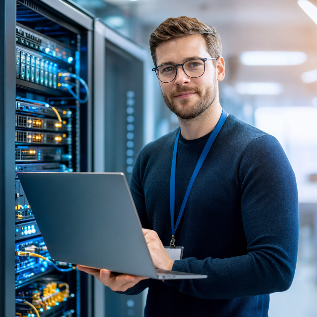 Ein junger Mann mit Brille steht vor Servern und arbeitet an einem Laptop in einem modernen B&uuml;ro.