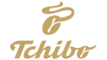 Braunes, geschwungenes Logo mit der Aufschrift "Tchibo" und einer stilisierten Kaffeebohne darüber.