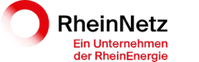 Logo von RheinNetz, mit rot-weißer Schrift und einem roten Kreis.