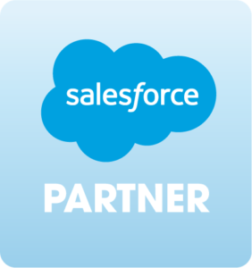 Salesforce-Logo in blauer Wolkenform mit dem Wort "PARTNER" in gro&szlig;en, wei&szlig;en Buchstaben darunter.