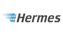 Logo von Hermes mit blauen und grauen Farbtönen, bestehend aus stilisierten Flügeln und dem Schriftzug "Hermes".