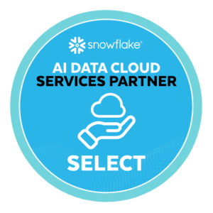 Logo von Snowflake als "AI Data Cloud Services Partner" mit einer Hand, die eine Wolke darstellt.