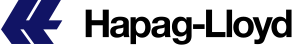Logo von Hapag-Lloyd, bestehend aus stilisierten Buchstaben und einem Schiffsymbol in Blau und Schwarz.