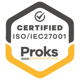 Zertifikatssiegel f&uuml;r ISO/IEC 27001 von Proks, in einem sechseckigen Design mit H&auml;kchen und klaren Schriftz&uuml;gen.