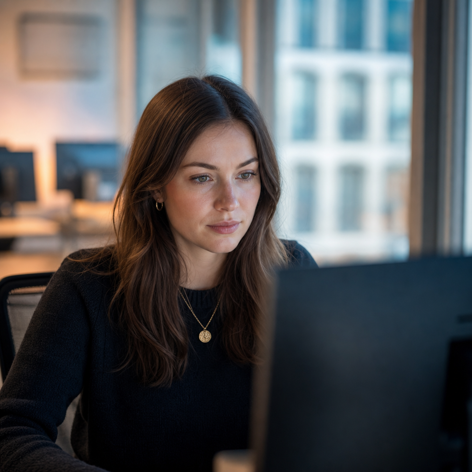 Eine junge Frau mit langen Haaren arbeitet konzentriert an einem Computer in einem modernen B&uuml;ro.
