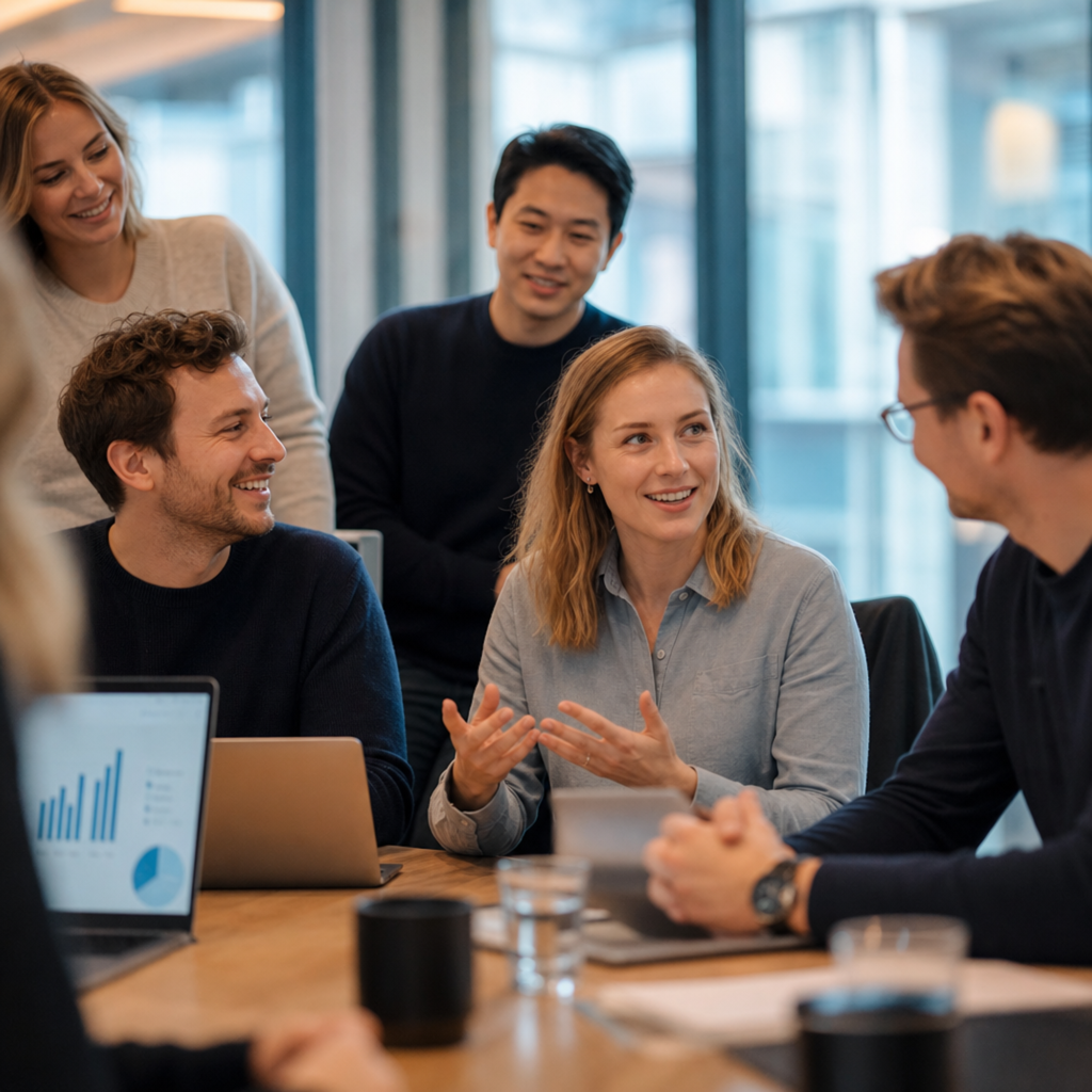 Eine Gruppe von f&uuml;nf Personen in einem modernen B&uuml;ro diskutiert lebhaft &uuml;ber ein Projekt. Laptops und Diagramme sind sichtbar.
