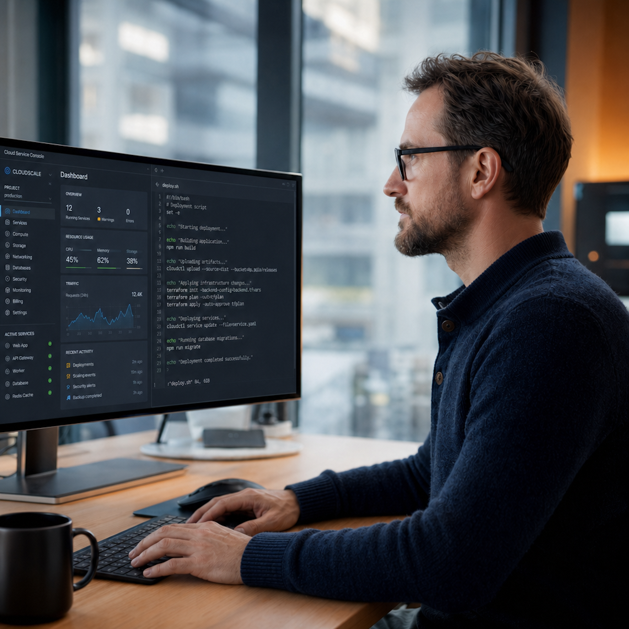 Ein Mann mit Brille arbeitet an einem Computer, w&auml;hrend er einen Dashboard-Report und Programmcode auf dem Bildschirm betrachtet.