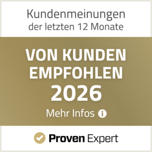 Kundenmeinungen der letzten 12 Monate, empfohlen von Kunden 2026, ProvenExpert-Logo.