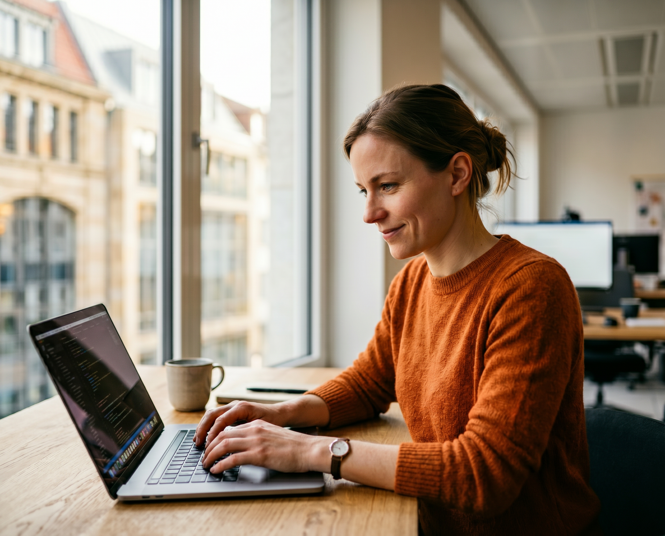 Eine Frau mit braunem Pullover arbeitet konzentriert an einem Laptop in einem modernen B&uuml;ro.