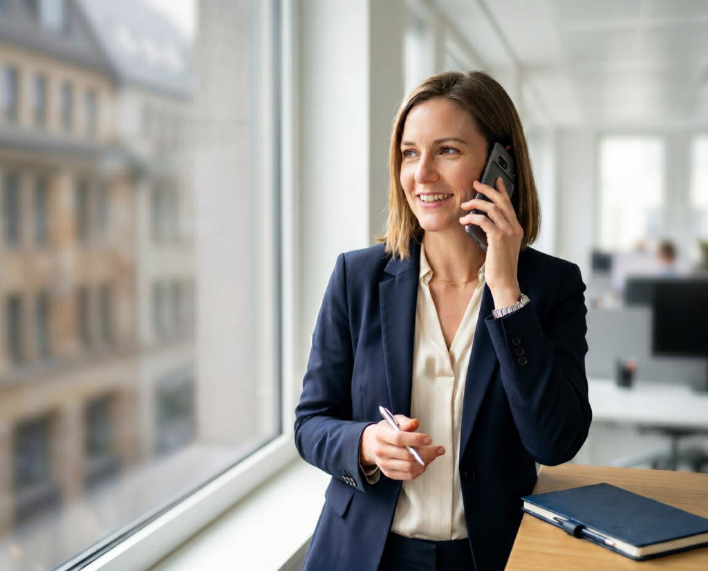Eine beruflich gekleidete Frau spricht am Telefon und h&auml;lt einen Stift in einem modernen B&uuml;ro mit gro&szlig;en Fenstern.