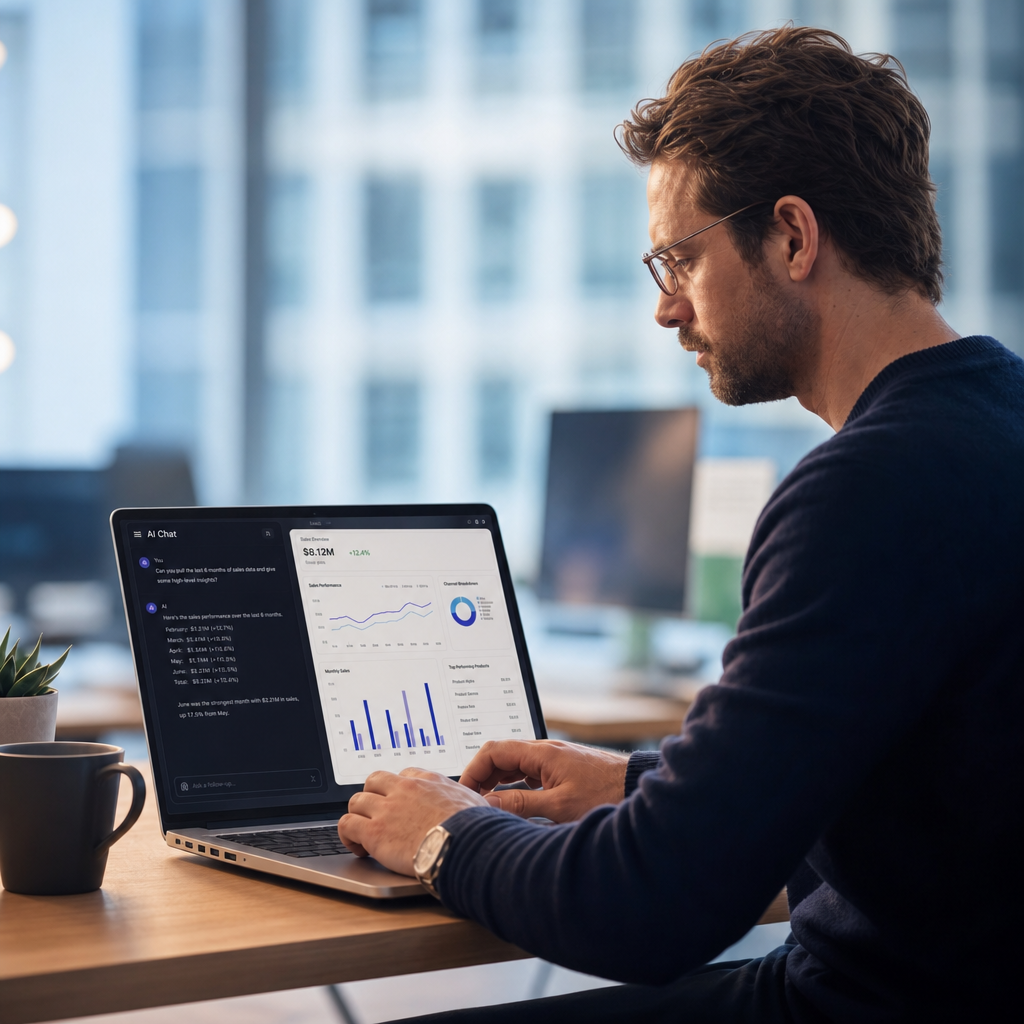 Mann mit Brille arbeitet an Laptop, analysiert Daten in einem modernen B&uuml;ro mit Pflanzen und Fenstern im Hintergrund.