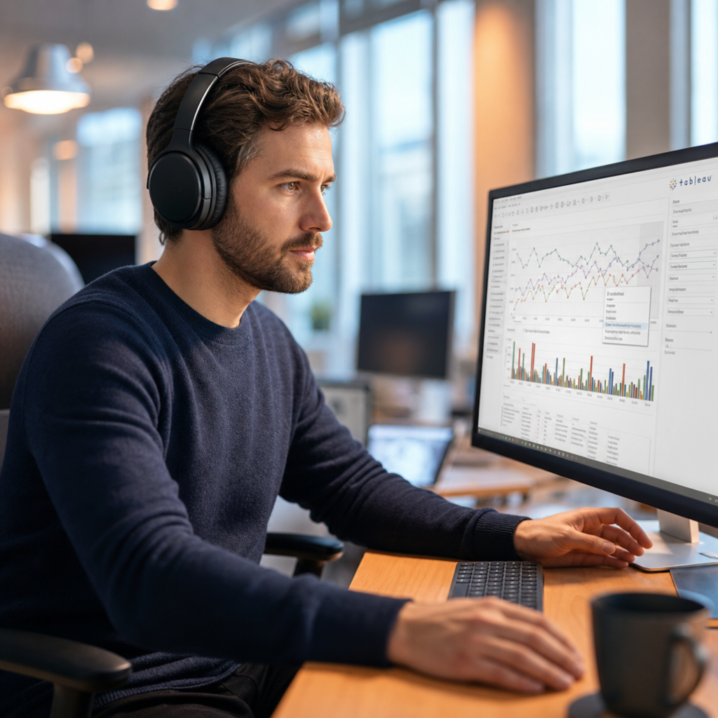 Mann mit Kopfh&ouml;rern arbeitet an einem Computer, analysiert Datenvisualisierungen in einem modernen B&uuml;roumfeld.