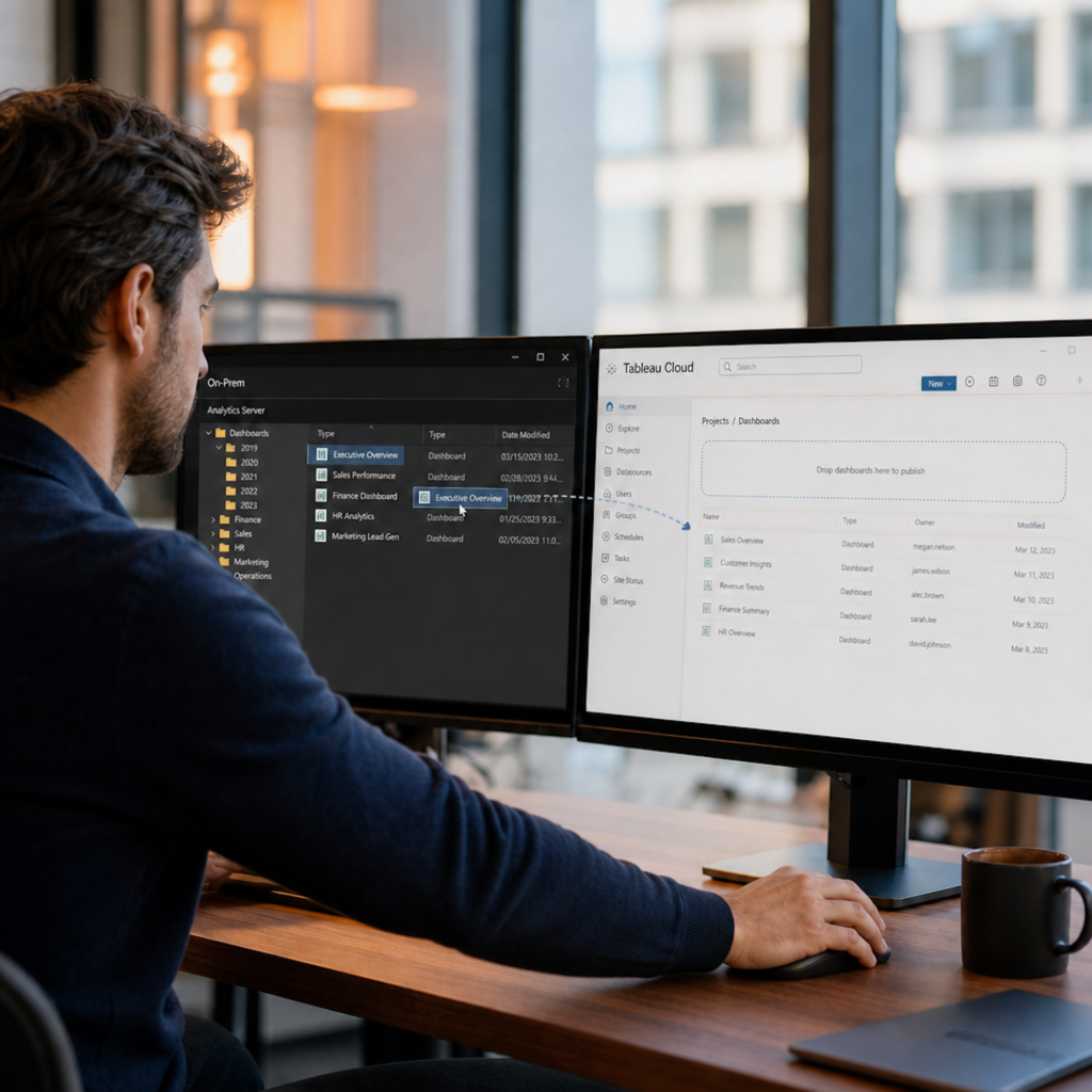 Ein Mann arbeitet an zwei Monitoren, einer zeigt Analyse-Daten, der andere ein Dashboard von Tableau Cloud.