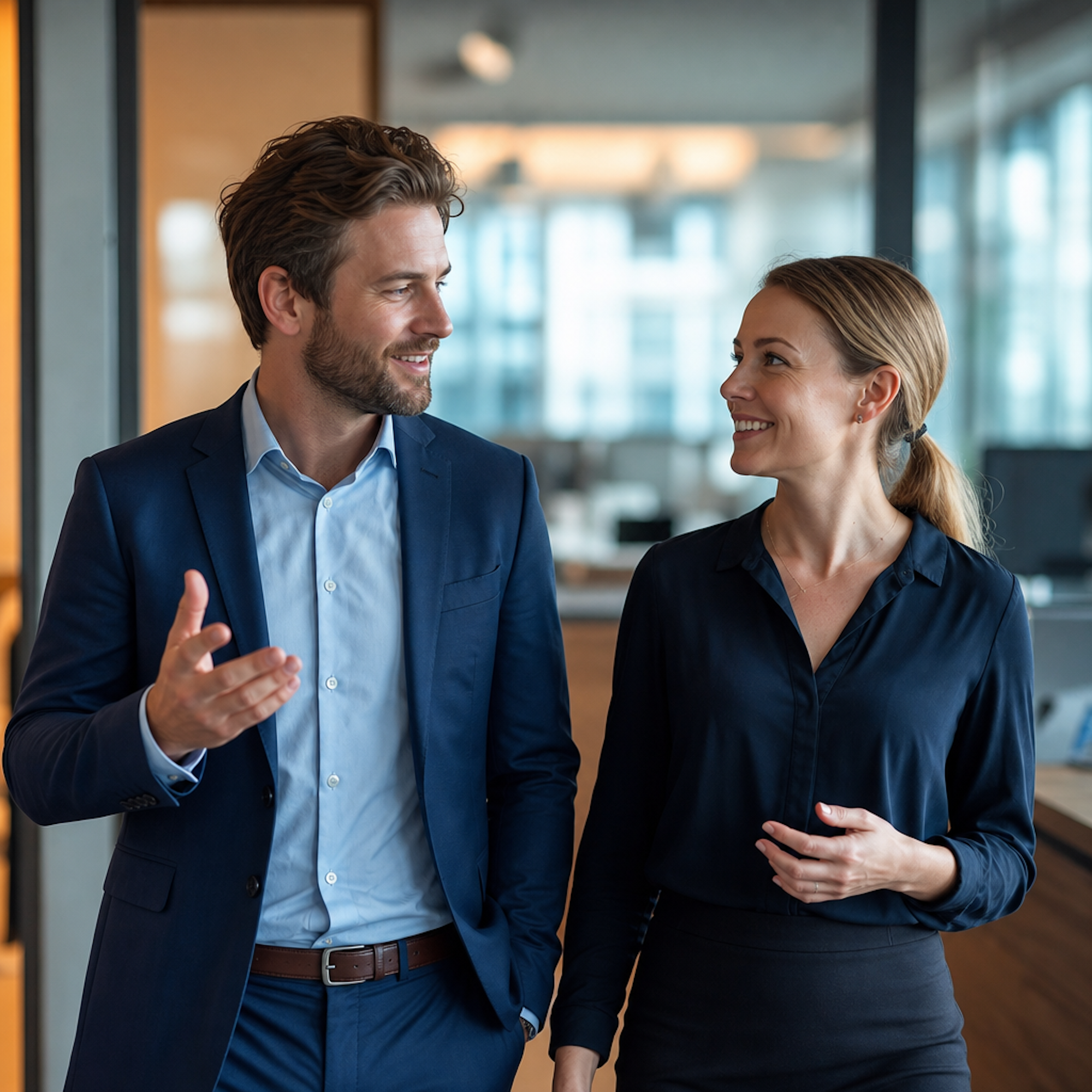Ein Gesch&auml;ftsmann und eine Gesch&auml;ftsfrau im Gespr&auml;ch in einem modernen B&uuml;ro, beide l&auml;chelnd und professionell gekleidet.