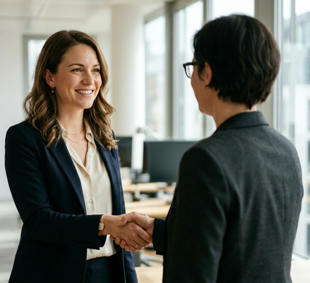 Zwei Frauen in Businesskleidung sch&uuml;tteln sich die H&auml;nde in einem modernen B&uuml;ro.