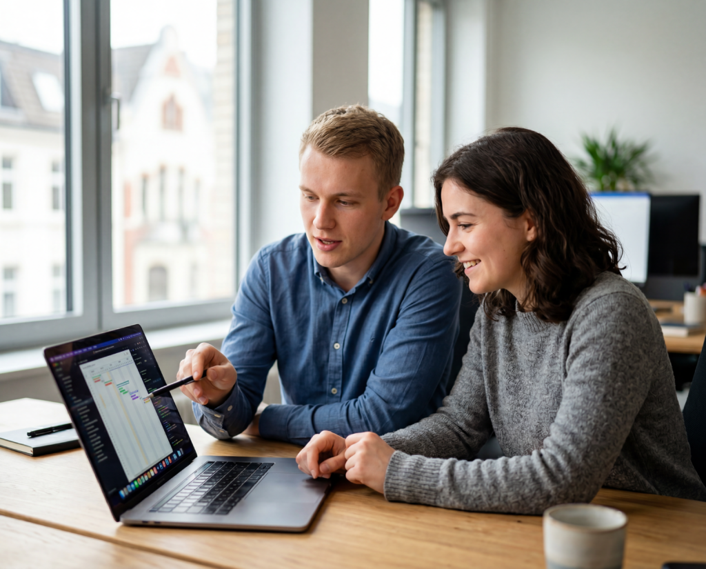 Zwei Personen in einem modernen B&uuml;ro, die gemeinsam an einem Laptop arbeiten und Informationen besprechen.