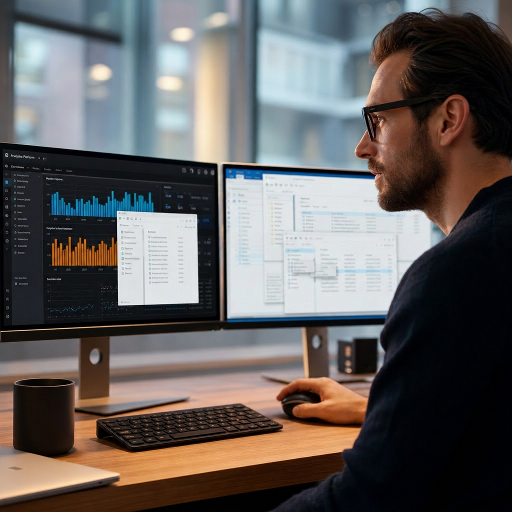 Mann arbeitet an Schreibtisch mit mehreren Monitoren, analysiert Daten und verwendet eine Tastatur und Maus.