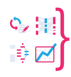 Symbole für Datenanalyse: Datenbank, Diagramm, Prozessdiagramm und Netzwerk, in pink und blau.