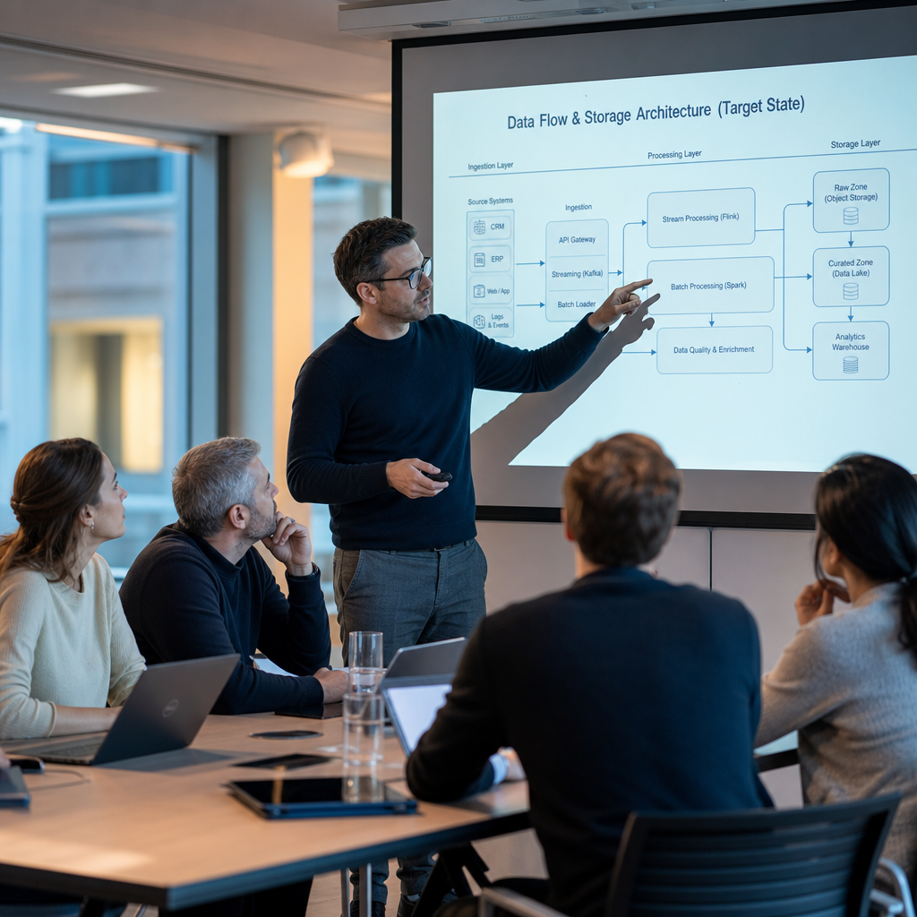 Ein Mann pr&auml;sentiert in einem Konferenzraum Diagramme zur Datenarchitektur vor einer Gruppe von Zuh&ouml;rern.