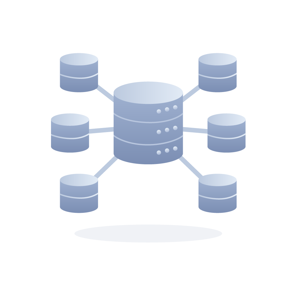 Grafische Darstellung eines Datenbankservers mit mehreren verbundenen Datenspeichern.