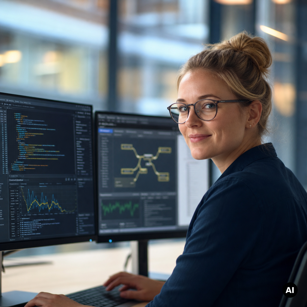 Frau mit Brille sitzt vor zwei Monitoren, arbeitet an Datenanalysen und l&auml;chelt dabei.