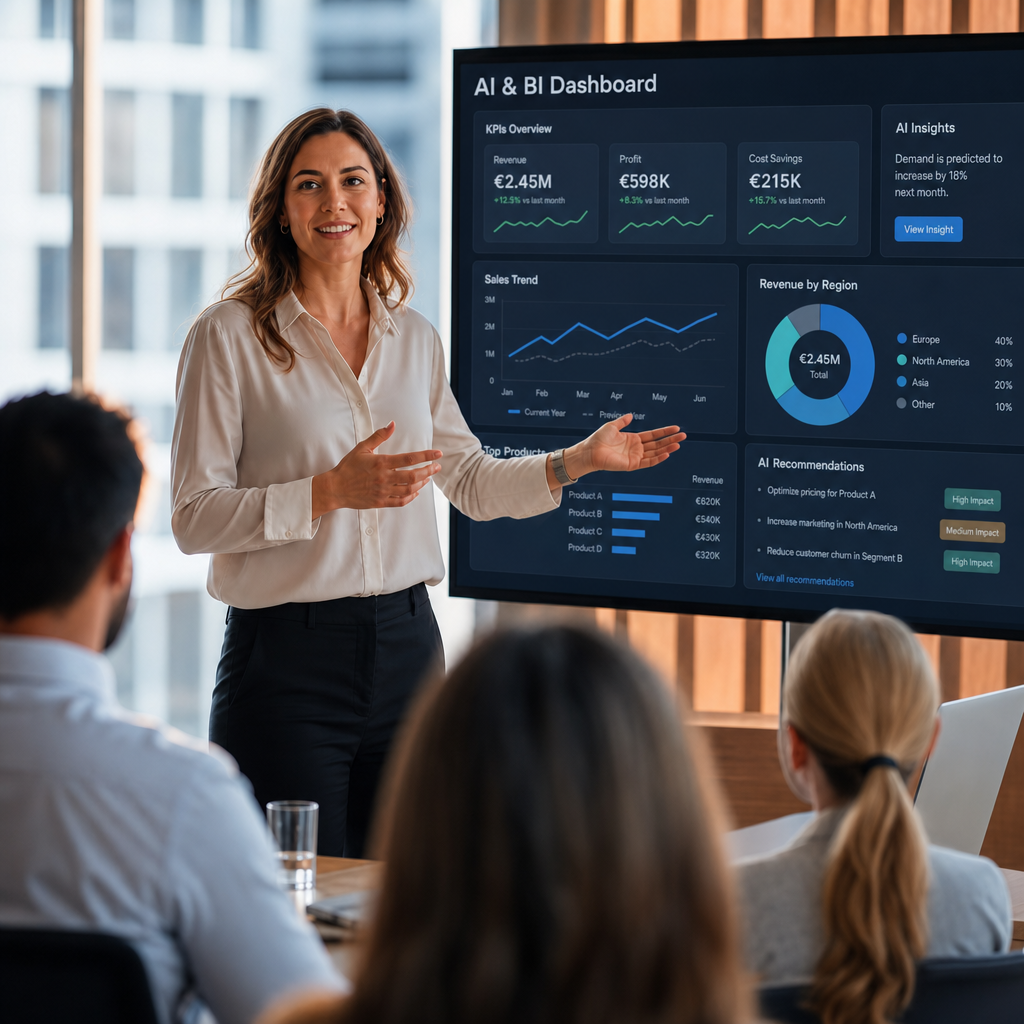 Eine Frau pr&auml;sentiert ein Dashboard mit KI- und BI-Daten vor einem Publikum in einem modernen Konferenzraum.