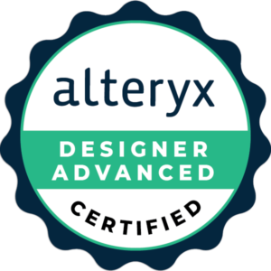 Alteryx Designer Advanced Zertifikat in einem runden, mehrfarbigen Design mit Schriftzug.