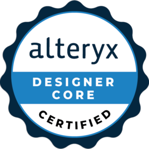 Zertifizierungssiegel f&uuml;r Alteryx Designer Core in Blau und Wei&szlig; mit runder Form und Text.